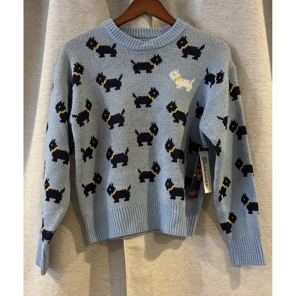 NWT Stranger Things Season 5 Erica Scottie Dog Sweater Size XSBlue No Boundaries